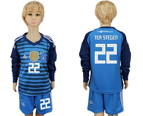 Germany #22 Ter Stegen Blue Long Sleeves Kid Soccer Country Jersey - Click Image to Close